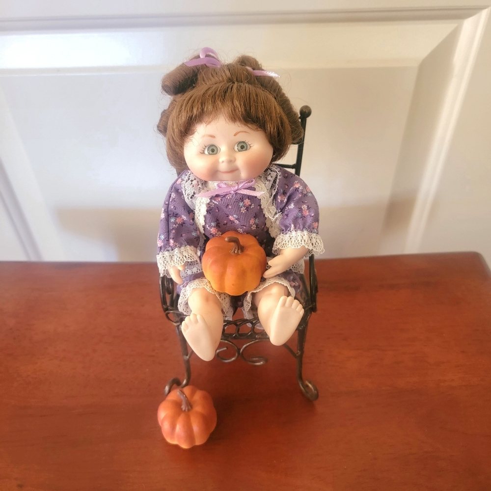 Handmade Porcelain Cabbage Doll, with Chair and Pumpkins